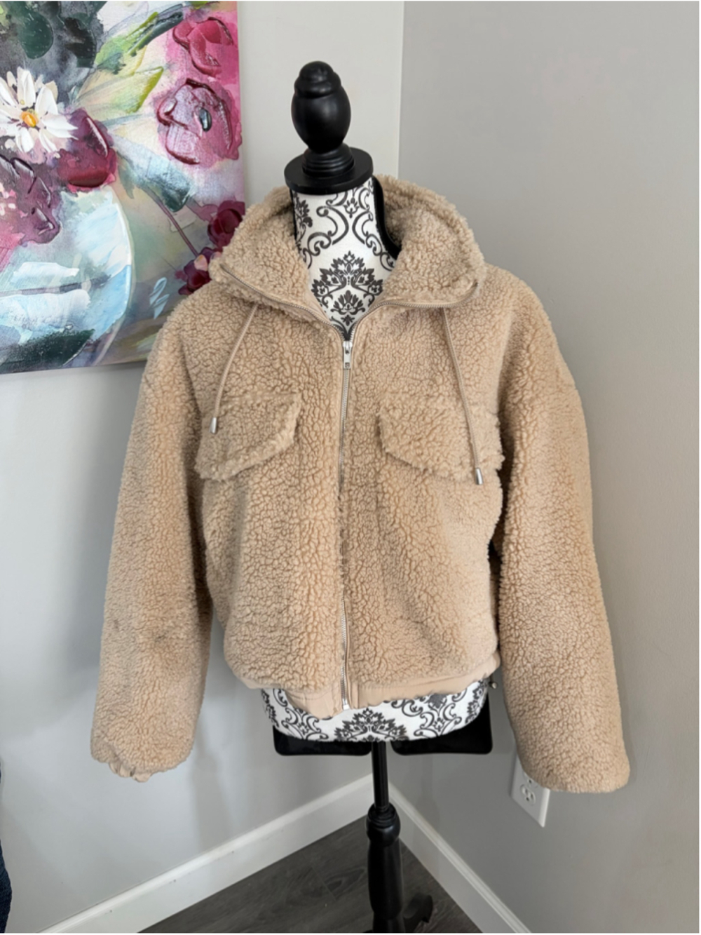Forever 21 Womens L Cream Teddy Jacket Faux Shearling Sherpa Utility Coat